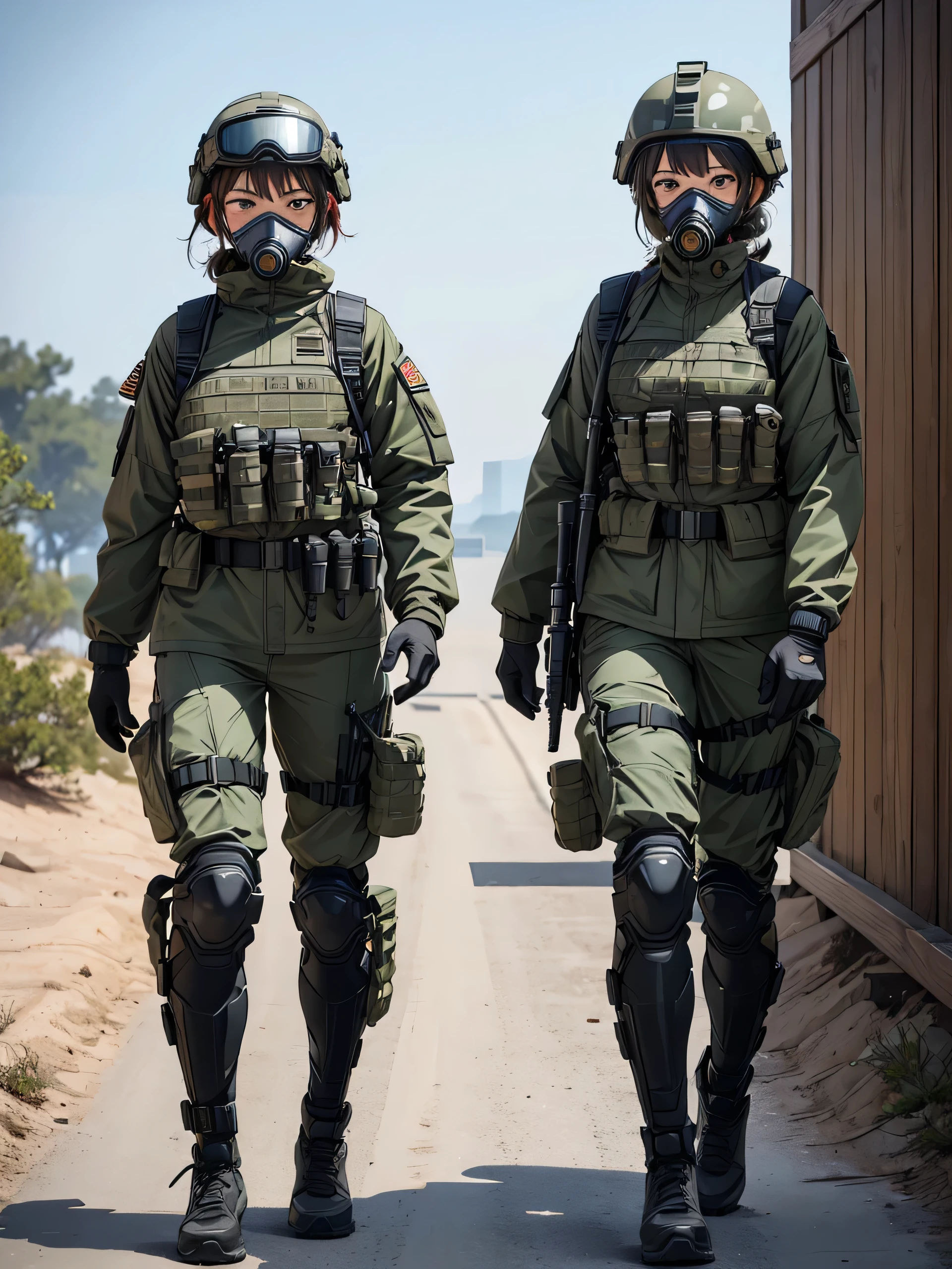 Two female special forces soldiers wearing gas masks、Put on a helmet、Wear goggles、M51 Military Uniform、Front side by side、Show full body、Write details、masterpiece、best quality、Highly detailed CG、8K picture quality