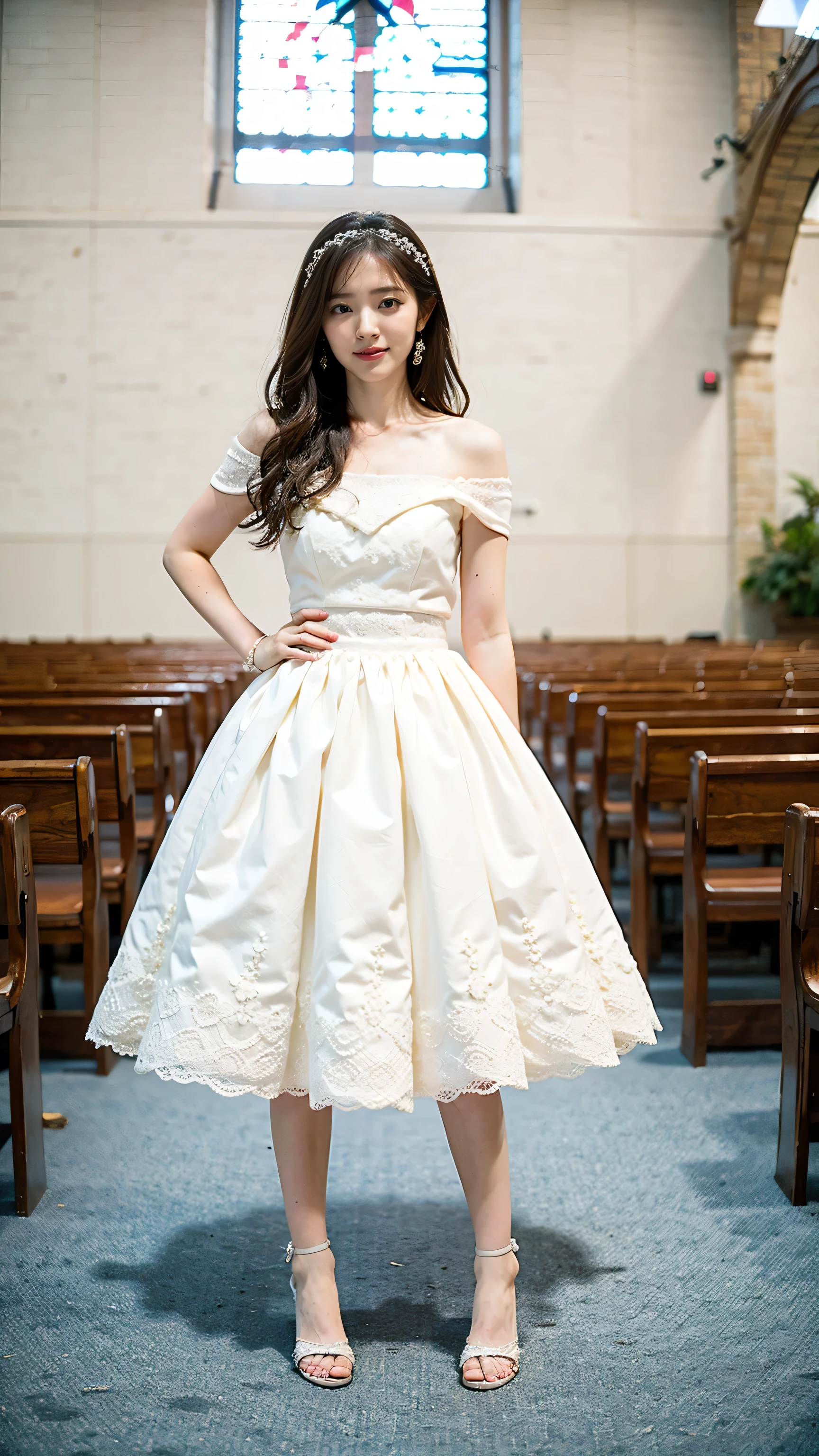 (8k、RAW Photos、highest quality、masterpiece:1.2)、(Realistic、Realistic)、1 girl、((big wedding dress、smile、mini skirt、Frills、Sandals、Off the shoulder、church、Standing with hands on hips))、