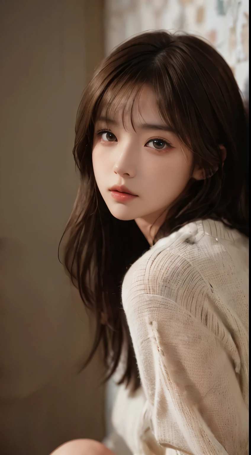 table top, Best image quality, high quality, beautiful japanese girl, cute, Engraved Idle Diagram, detailed, detailed eyes, detailed skin, beautiful skin, Ultra A high resolution, (reality: 1.4),very beautiful, a younger face, beautiful skin, slim, (Ultra photo realism), (highest resolution), (8K), (매우 detailed) (beautiful and delicate eyes), (매우 detailed), (wallpaper), (detailed face), View viewer, fine details, detailed face, sad, sweater, skirt, Looking straight ahead, Looking straight ahead, angle above waist, 사진 reality적인, bright lights, professional lighting, mature woman, (brown hair, bob hair, layer cut, swaying in the wind, forehead),