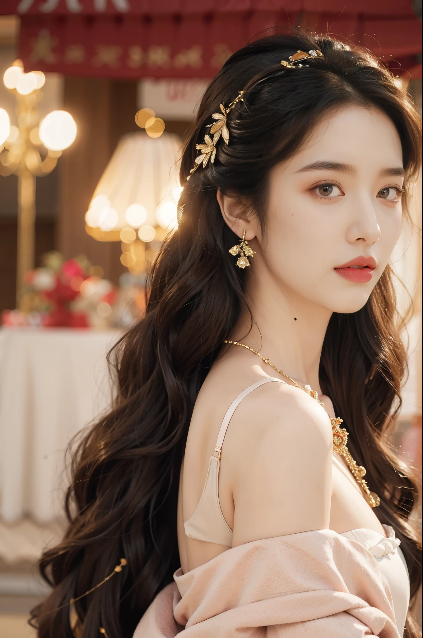 Canon RF85mm f/1.2,masterpiece,best quality,ultra highres,vc,1 girl,(korean mixed,kpop idol:1.2),solo,white_shiny_skin,black eyes,necklace,((brown_long_wavy_hair)),((pink_shiny_lips)),eyelashes,bangs,aface,make-up,shiny,Pore,skin texture,bracelet,offshoulder,see-through,