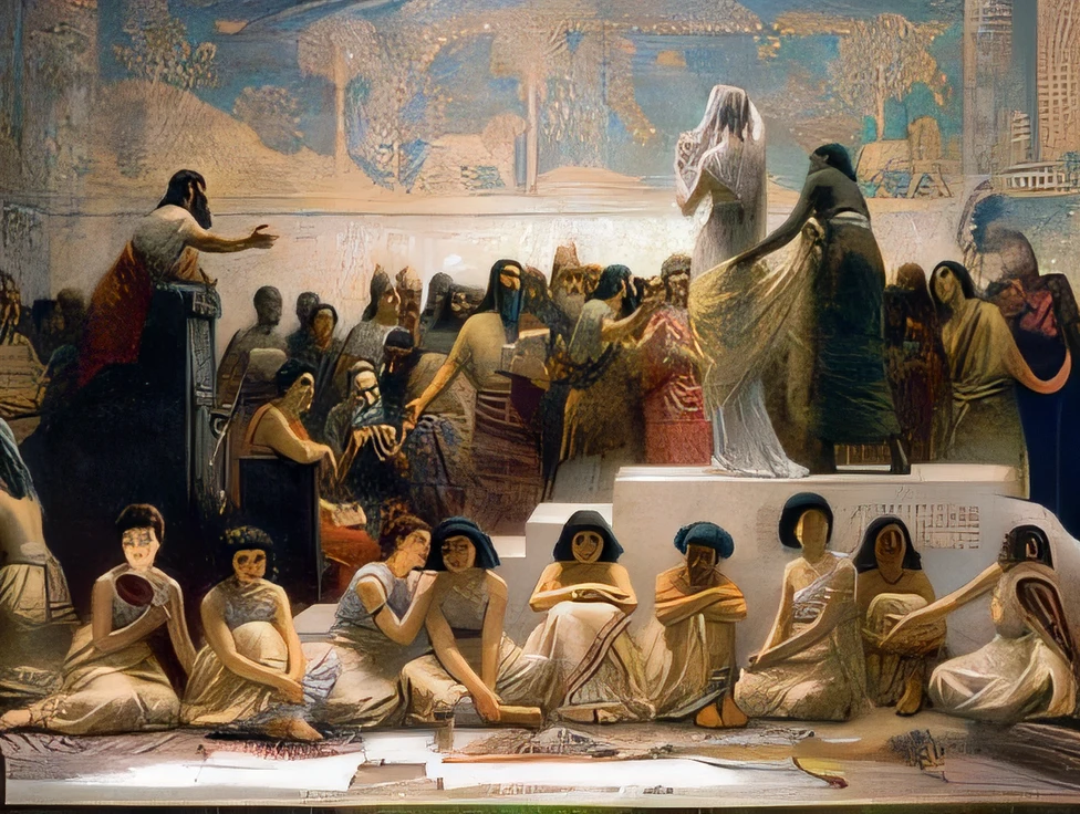 Photograph of an expansive historical scene, with a view from below showing a majestic Persian hall above and a gathered crowd below. Uma figura feminina central, representando a Rainha Esther, is standing on a platform, looking at crowd. (Roupas luxuosas:1.2), (detailed Persian decoration:1.3), (colunas imponentes:1.2), (elaborate ornamentations:0.9), (Historical atmosphere:1.3), (baroque dramatic lighting:1.4), (fonte de luz quente:1.2), Varied expressions and postures among the crowd, uma mistura de homens, women and children in Persian Historics costumes. Ao fundo, a detailed mural depicts the opulence of the Persian empire. Queimando incenso, detalhes intricados, volumetric lighting. (Obra de arte:1.2), (melhor qualidade), 4k, ultra-detalhado, (dynamic composition:1.4), altamente detalhado, detalhes coloridos, (cores ricas:1.2), (bright lighting, Atmospheric Lighting), grandioso, reverente, (Historic:1.2)