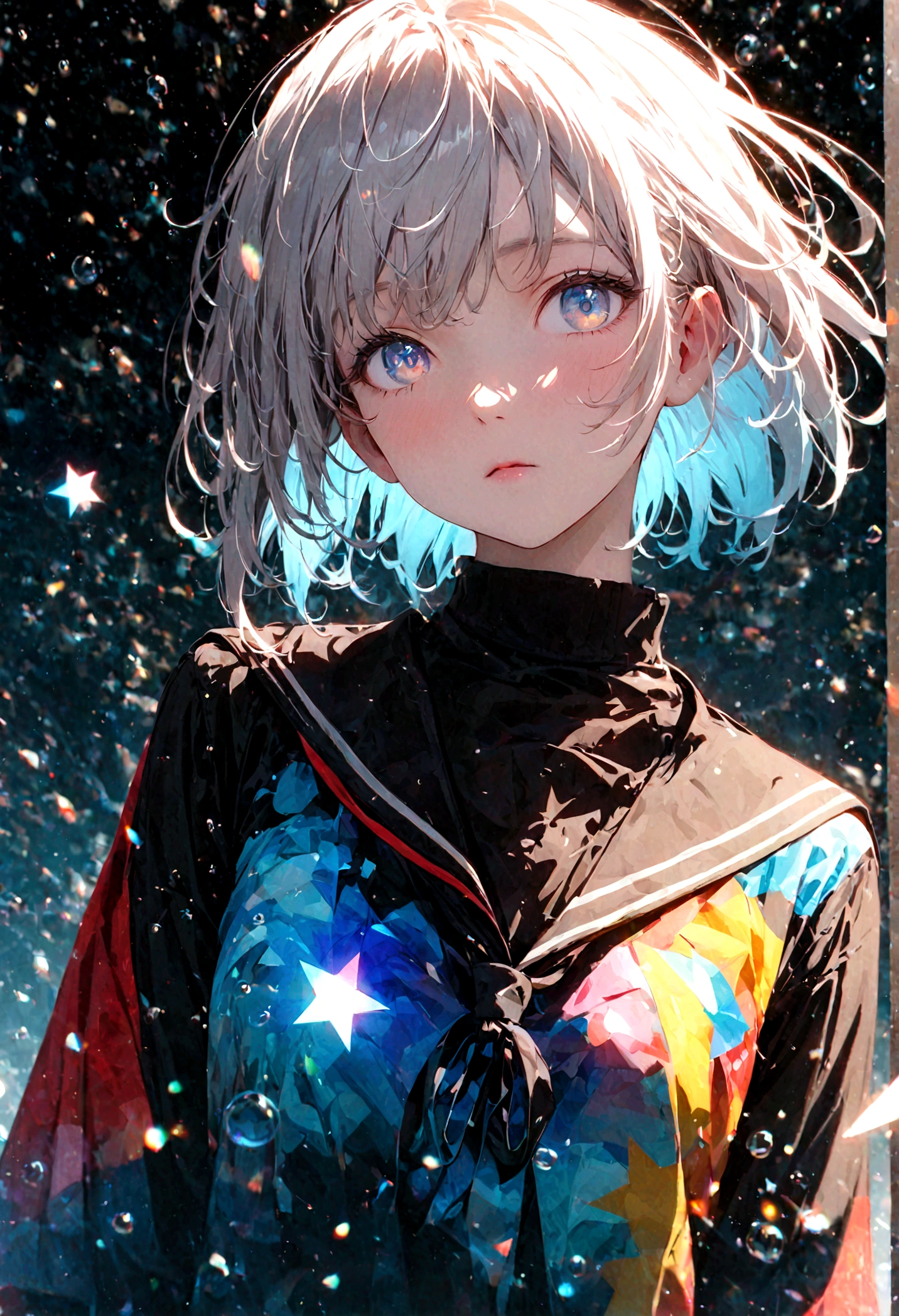 (woman\(student, 15 years old, JK, short hair, Silver Hair, Floating Hair, Space-colored eyes, Black Sailor Suit\(Of high school\), Pale skin, Tired face, No shine in the eyes\) Look up at the sky), Beautiful sky, Beautiful Clouds, Colorful summer flowers are blooming everywhere., (Transparent bubbles shine like prisms here and there in the sky), The midday moon and the midday star shine in the sky, woman is at messy downtown, break ,quality\(8k,非常に精細なCGユニットのwallpaper, masterpiece,High resolution,top-quality,top-quality real texture skin,Surreal,Increase the resolution,RAW Photos,最高quality,Very detailed,wallpaper,Cinema Lighting,Ray Tracing,Golden Ratio\),(Long Shot),Wide Shot,