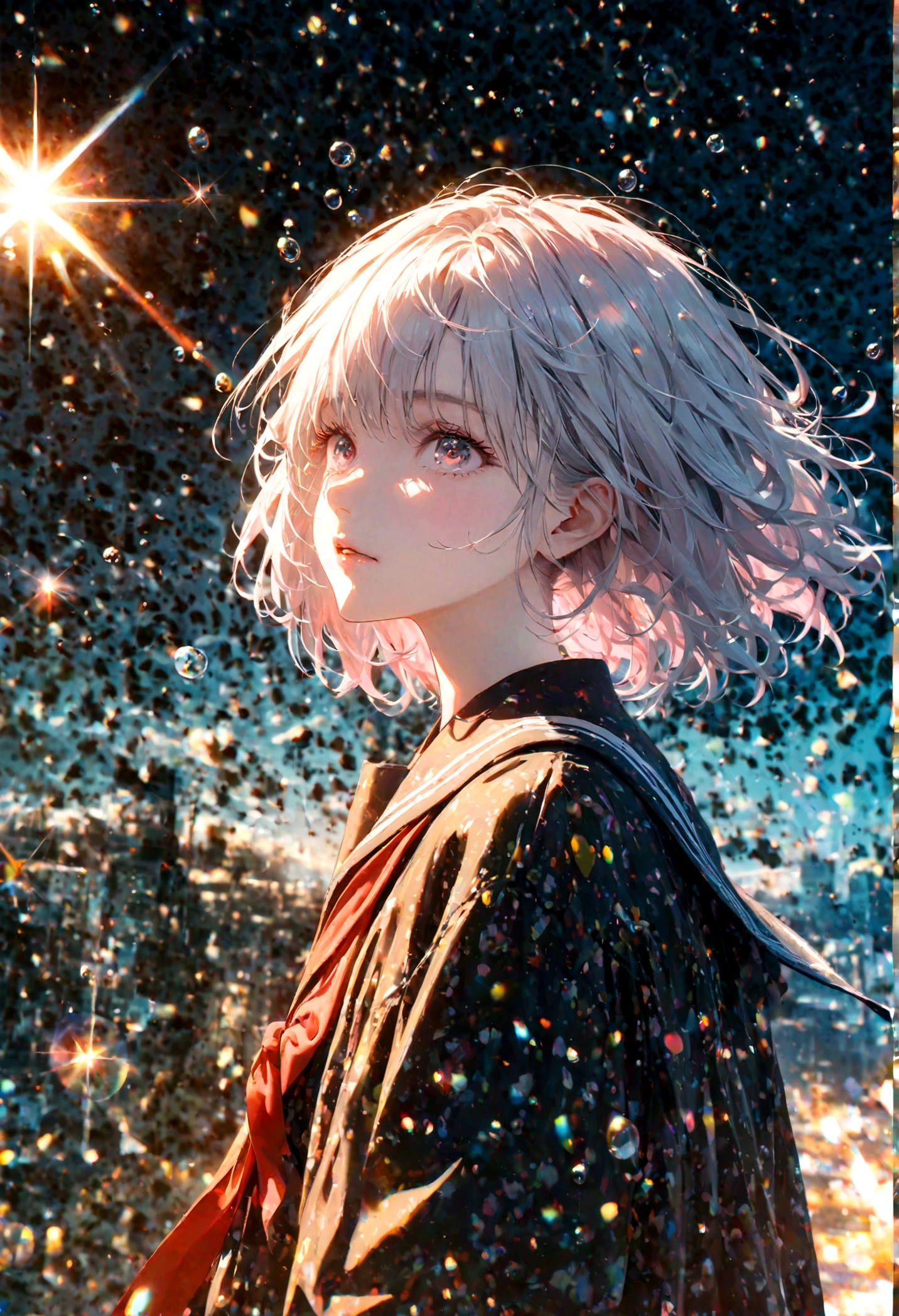 (woman\(student, 15 years old, JK, short hair, Silver Hair, Floating Hair, Space-colored eyes, Black Sailor Suit\(Of high school\), Pale skin, Tired face, No shine in the eyes\) Look up at the sky), Beautiful sky, Beautiful Clouds, Colorful summer flowers are blooming everywhere., (Transparent bubbles shine like prisms here and there in the sky), The midday moon and the midday star shine in the sky, woman is at messy downtown, break ,quality\(8k,非常に精細なCGユニットのwallpaper, masterpiece,High resolution,top-quality,top-quality real texture skin,Surreal,Increase the resolution,RAW Photos,最高quality,Very detailed,wallpaper,Cinema Lighting,Ray Tracing,Golden Ratio\),(Long Shot),Wide Shot,