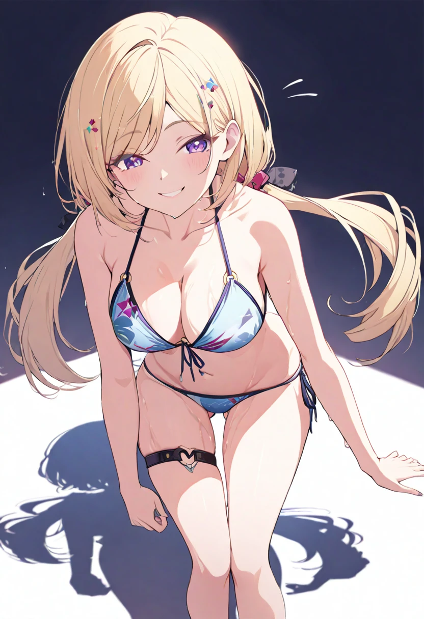 (masterpiece), (best quality), perfect face, beautiful girl, white background background, delicate and beautiful face and eyes, dark intense shadow, 
1 girl, vtuber style, cool girl, hololive, Aki Rosenthal, akiSummer, blond hair, detached hair, low twintails, gradient eyes, purple eyes, o-ring bikini bottom, layered bikini, blue bikini, print bikini, sling bikini top, thighlet, bikini, wet body, big chest, cropped shoulders, clavicle, winking, smile, bare feet, chest visible through clothes, ass visible through thighs, (full body), looking at viewer, standing, 