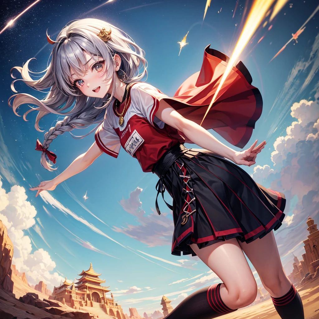 Red Blue Hair、Golden Eyes、Braid、One good looking girl、solo、anime、Checkered mini skirt、Ruffles on the skirt、Red T-shirt、Cape、Gothic、Black knee-high socks、Wearing a baseball cap、Wearing a ribbon、Ribbon on waist、Tilting face、Teeth are visible、Sunset sky、Piercing the clouds、Contrail、Cumulonimbus、Pillar of Light、Silver coin necklace、A world of light、shine、From above、bell、torii、Desert Oasis、water is gushing out、Wearing a name tag、Sparks are flying、Bowing