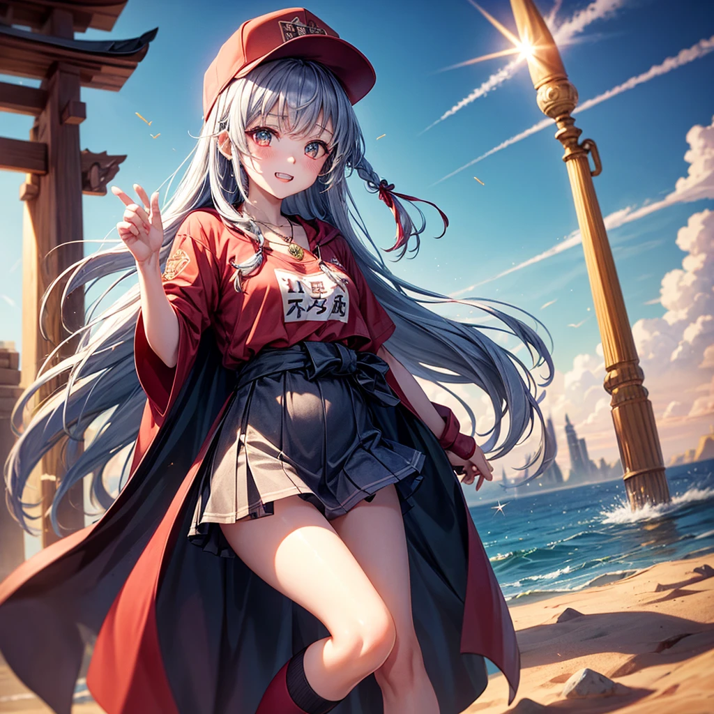 Red Blue Hair、Golden Eyes、Braid、One good looking girl、solo、anime、Checkered mini skirt、Ruffles on the skirt、Red T-shirt、Cape、Gothic、Black knee-high socks、Wearing a baseball cap、Wearing a ribbon、Ribbon on waist、Tilting face、Teeth are visible、Sunset sky、Piercing the clouds、Contrail、Cumulonimbus、Pillar of Light、Silver coin necklace、A world of light、shine、From above、bell、torii、Desert Oasis、water is gushing out、Wearing a name tag、Sparks are flying、Bowing
