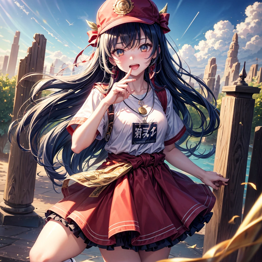 Red Blue Hair、Golden Eyes、Braid、One good looking girl、solo、anime、Checkered mini skirt、Ruffles on the skirt、Red T-shirt、Cape、Gothic、Black knee-high socks、Wearing a baseball cap、Wearing a ribbon、Ribbon on waist、Tilting face、Teeth are visible、Sunset sky、Piercing the clouds、Contrail、Cumulonimbus、Pillar of Light、Silver coin necklace、A world of light、shine、From above、bell、torii、Desert Oasis、water is gushing out、Wearing a name tag、Sparks are flying、Bowing
