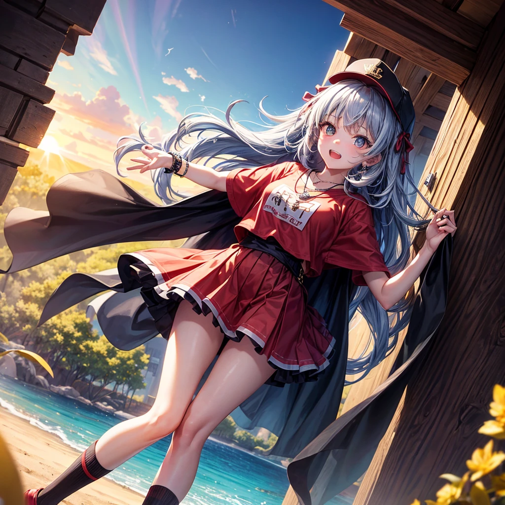 Red Blue Hair、Golden Eyes、Braid、One good looking girl、solo、anime、Checkered mini skirt、Ruffles on the skirt、Red T-shirt、Cape、Gothic、Black knee-high socks、Wearing a baseball cap、Wearing a ribbon、Ribbon on waist、Tilting face、Teeth are visible、Sunset sky、Piercing the clouds、Contrail、Cumulonimbus、Pillar of Light、Silver coin necklace、A world of light、shine、From above、bell、torii、Desert Oasis、water is gushing out、Wearing a name tag、Sparks are flying、Bowing