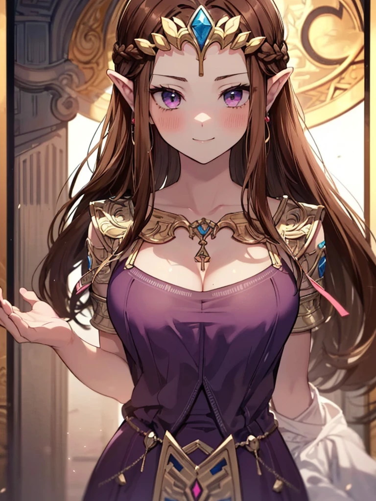 (((Face close-up))),((((Her hair is fluttering))))),(Expressionless),(((Please place your hand on your chest)))))),((((Upper Body)))),((alone)),((side angle))),Anime art style,masterpiece,(Highest quality), (Super detailed),(Very delicate and beautiful),(alone),(detailedな顔と目),Beautiful eyes like jewels,(A truly gorgeous jeweled ruffled rococo ball gown dress),(((Mature Woman,Queen))),((1 Queen in a beautiful embroidery and jeweled absolutely gorgeous rococo ballgown dress with voluminous full length hoop skirt)),((crinoline)),,((Straight hair galore,Very long straight hair with plenty of volume,Super long straight hair)),,Cleavage,(bed),length_gloves,Very gorgeous hair accessories、((((front)))),((((Adult Expressions)))),((((Beautiful Face)))),((((dress)))),(()),(((Long Hair)))),((((Straight hair)))),((Cleavage)),((((Dark brown hair)))),Princess Zelda,((chest is slightly exposed)), ((Highest quality)),,(Very detailed) ,((Purple Blouse)),(((Raking up hair with one hand))),Brown Hair,((topless)),, ((Highest quality)), (Very detailed),((detailed)),(((smile))),Nintendo, The Legend of Zelda),,((alone)), ((Highest quality)), (Very detailed), ,