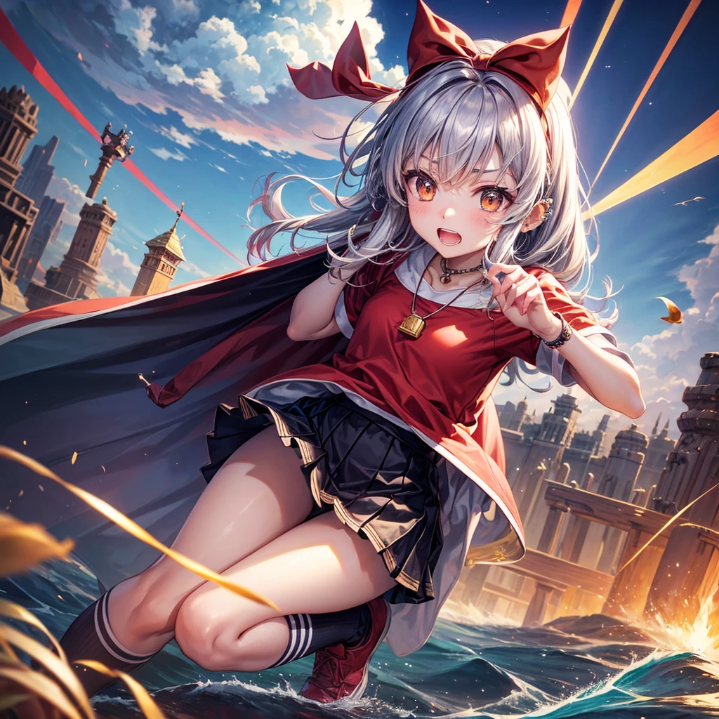 Red Blue Hair、Golden Eyes、Braid、One good looking girl、solo、anime、Checkered mini skirt、Ruffles on the skirt、Red T-shirt、Cape、Gothic、Black knee-high socks、Wearing a baseball cap、Wearing a ribbon、Ribbon on waist、Tilting face、Teeth are visible、Sunset sky、Piercing the clouds、Contrail、Cumulonimbus、Pillar of Light、Silver coin necklace、A world of light、shine、From above、bell、torii、Desert Oasis、water is gushing out、Wearing a name tag、Sparks are flying、Bowing