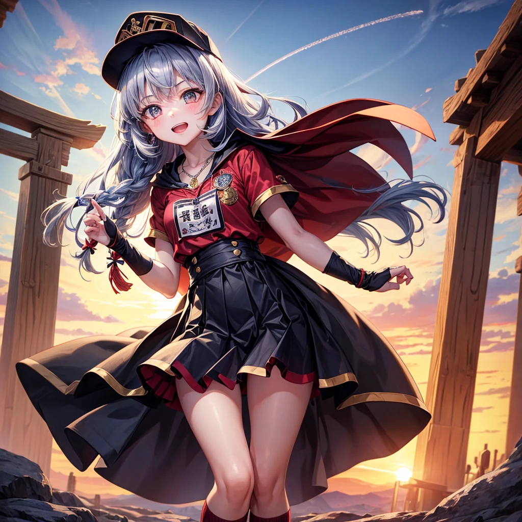 Red Blue Hair、Golden Eyes、Braid、One good looking girl、solo、anime、Checkered mini skirt、Ruffles on the skirt、Red T-shirt、Cape、Gothic、Black knee-high socks、Wearing a baseball cap、Wearing a ribbon、Ribbon on waist、Tilting face、Teeth are visible、Sunset sky、Piercing the clouds、Contrail、Cumulonimbus、Pillar of Light、Silver coin necklace、A world of light、shine、From above、bell、torii、Desert Oasis、water is gushing out、Wearing a name tag、Sparks are flying、Bowing