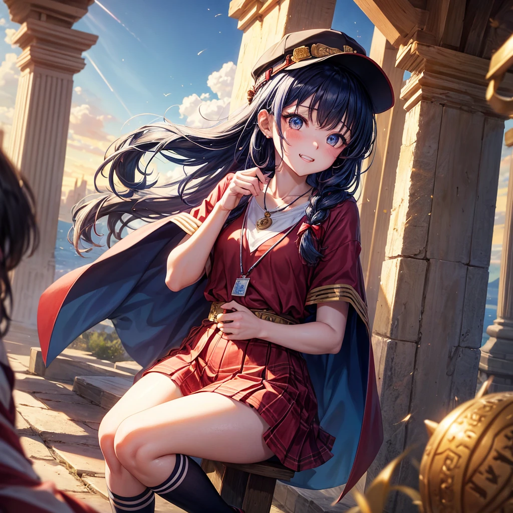Red Blue Hair、Golden Eyes、Braid、One good looking girl、solo、anime、Checkered mini skirt、Ruffles on the skirt、Red T-shirt、Cape、Gothic、Black knee-high socks、Wearing a baseball cap、Wearing a ribbon、Ribbon on waist、Tilting face、Teeth are visible、Sunset sky、Piercing the clouds、Contrail、Cumulonimbus、Pillar of Light、Silver coin necklace、A world of light、shine、From above、bell、torii、Desert Oasis、water is gushing out、Wearing a name tag、Sparks are flying、Bowing