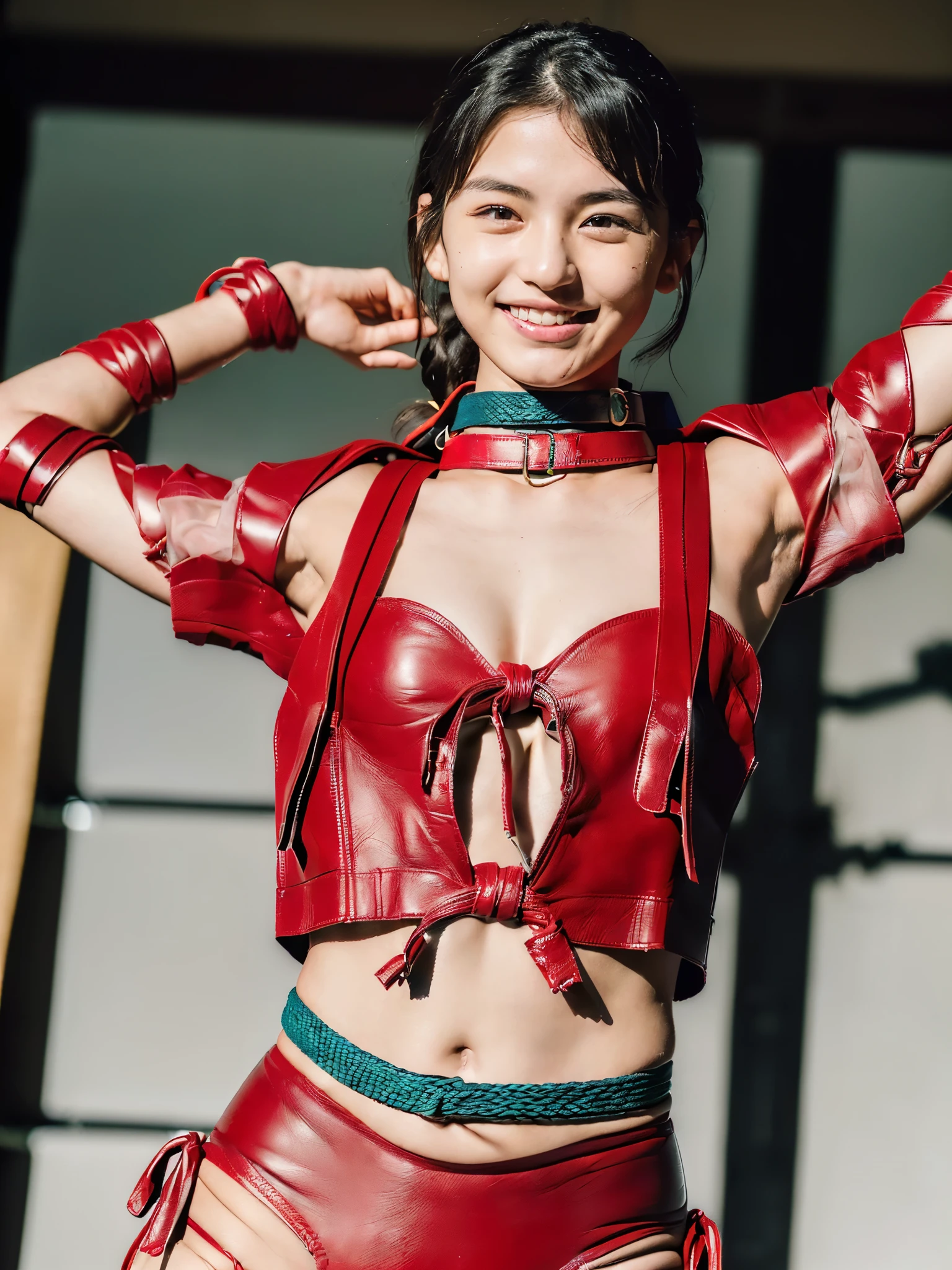 (((A 20-year-old woman with a cute face like a idol)))、((Smiling Kindly))、((In underwear))、((Underwear show venue stage))、(((Wearing a red leather dog collar around his neck)))、(((the whole body is tied with a rope)))、(Artistic Expression)、Cleavage、Fre (((shibari over clotheondage, shibari:1.5, (((th arms)))dage))、((Full body portrait))、Accuratmically correct、Textured skin、Very detailed、Attention to detail、highest quality、High resolution、Genuine、Indistinguishable from live-action、realism、RAW Photoasterpiece
