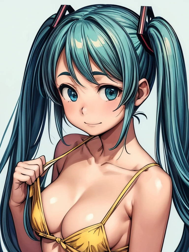 (masterpiece、highest quality、highest quality、Official Art、Beautiful and beautiful:1.2)、(One girl:1.3)Hatsune Miku、Twin tails,Beautiful breasts、Baby Face、From the side、(((Chest close-up、Cleavage、I mainly draw the chest)))、Depiction of only the chest、Laugh with your mouth wide open、、Simple Background、Yellow Bikini、Hands on hips、Full body pose