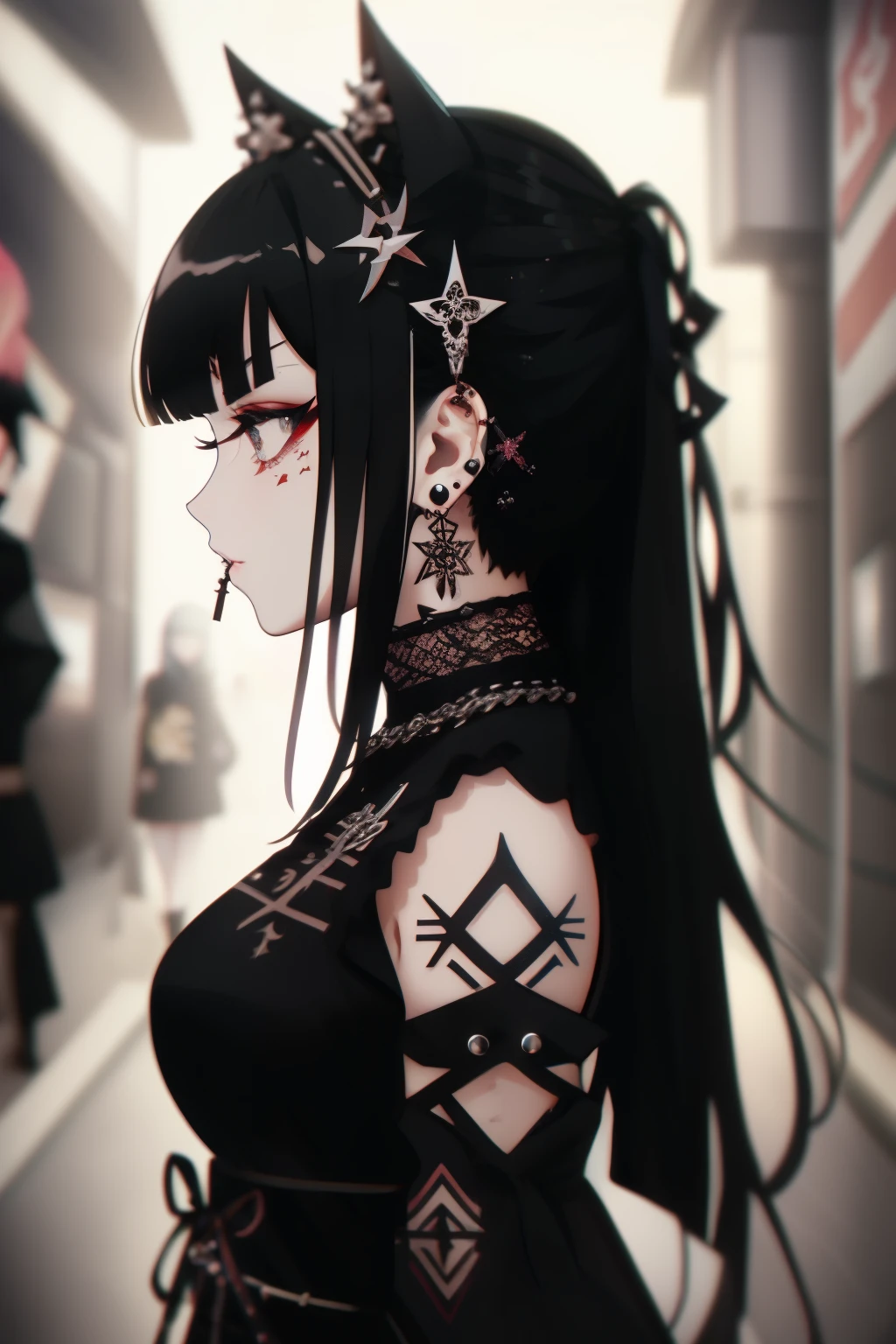 profile、From the side、Right beside、No sleeve、Tattoo、rot、Goth Punk、Of 1 person、solo、Medium Shot、Strolling in Harajuku、Black eyebrows、Shiny Hair、Earrings、bangs、jewelry、鈍bangs、hair ornaments、Portrait、Side Lock、Midsummer、Daytime、