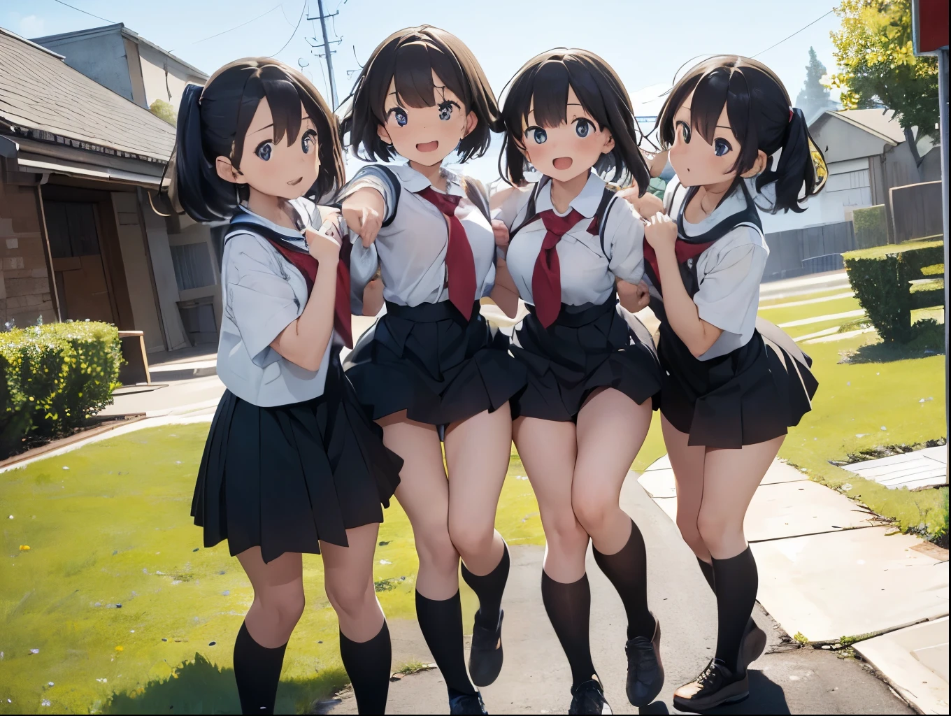 everyone is facing the camera.、smile、(masterpiece:1.2, highest quality), (very detailed:1.3), 4 girls, 4 female students,  years, classmate, standing by the school, , (hair blowing in the wind), white panties, (skirt blown by the wind), windy panty shots,, group shot, shy, blush, summer, bright