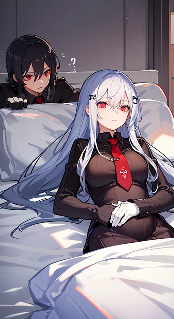 Two anime people, one guy with long loose black hair, one girl with long white hair and red eyes, pregnant, laying on a bed, chains, sad