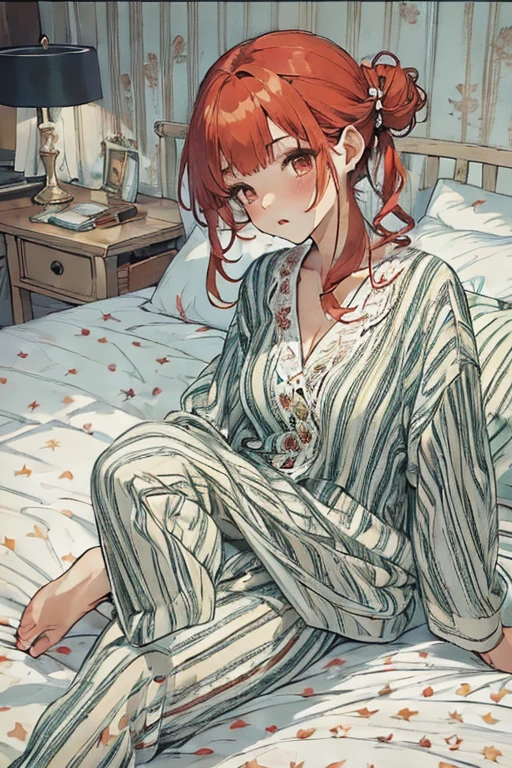 1 girl, Redhead, Updo, Facial hair stripes, Red eyes, mascara, Impact,8k, masterpiece, sexy、Bedroom、pajamas、Loungewear、erotic、simple patterned clothes、bed、Are sleeping