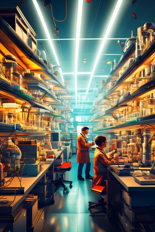 a highly detailed illustration of a scientist working in a laboratory, surrounded by scientific equipment and chemicals, focused on programming and technology, dynamic pose, cinematic lighting, vibrant colors, digital art, concept art style