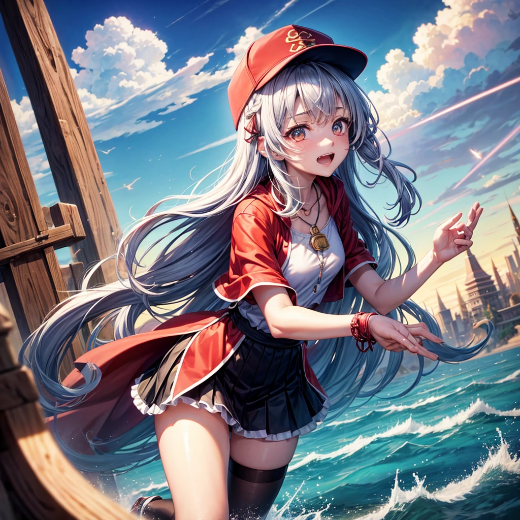 Red Blue Hair、Golden Eyes、Braid、One good looking girl、solo、anime、Checkered mini skirt、Ruffles on the skirt、Red T-shirt、Cape、Gothic、Black knee-high socks、Wearing a baseball cap、Wearing a ribbon、Ribbon on waist、Tilting face、Teeth are visible、Sunset sky、Piercing the clouds、Contrail、Cumulonimbus、Pillar of Light、Silver coin necklace、A world of light、shine、From above、bell、torii、Desert Oasis、water is gushing out、Wearing a name tag、Sparks are flying、Bowing