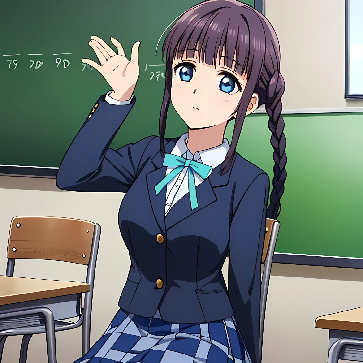 (highest quality, masterpiece:1.2), highest quality, High resolution, 1080p, 8K, Height: 158cm, High-definition anime-style CG, ((A very noble, pretty and neat beautiful girl of the game heroine is sitting on a chair in a school classroom.、A side shot of a student looking intently at the blackboard)), Neat gesture, A face that everyone loves, Glossy lips, Even bangs, Double, Long eyelashes on both the top and bottom, Blue Eyes, The very large red shiny wide ribbon bowtie is very cute., ((Black Hair)), ((long twin braids)), (((A long, neat, checkered pleated skirt with dark navy blue checks.))), (((Dark blue winter long sleeve blazer))), How to wear a neat uniform, Very glossy game heroine lips, Ribbon in hair, Tight waist, The ribbon is big and very pretty.