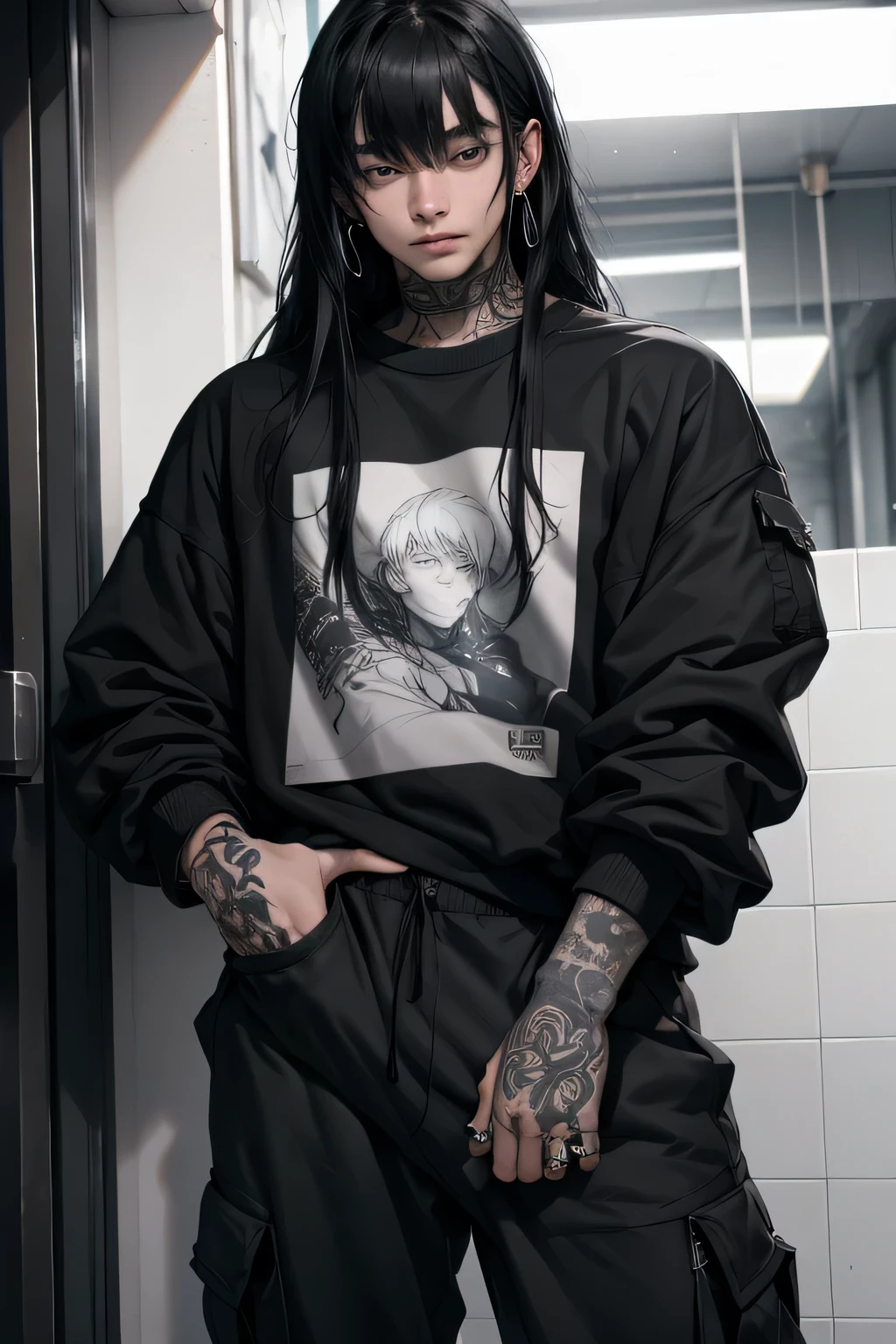 a photo of Henrik Sanyi, he is a delicate 20-year-old boy, fair skin, long black hair with bangs, piercings, tattoos, thick thighs, wearing a crepe sweatshirt, cargo pants, looking at the camera 