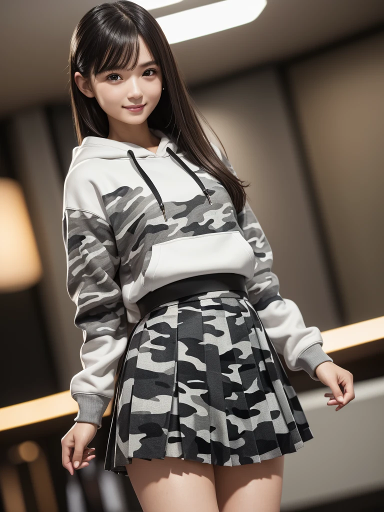(8k, RAW Photos, highest quality, Tabletop:1.2), (Realistic, Photorealistic:1.4), (Highly detailed 8k wallpaper), Sharp focus, Depth of written boundary, Blur the background, Bokeh, Cinema Lighting, Soft Light, (whole body), 1 girl,18 years old famous Japanese idol, Perfect female body, indoor, (White and grey camouflage hoodie and black leather micro mini pleated skirt : 1.3), (Long, slender legs), (smile), Glossy lips, Beautiful fine details,Natural Makeup, Shiny and smooth light brown long bob hair, Asymmetrical bangs, Shiny skin, Center image, High resolution, Attention to detail, Detailed hairstyle, Detailed face, 素晴らしいCinema Lighting, Octane Rendering, Vibrant, Ultra-realistic, Perfect limbs, Perfect Anatomy