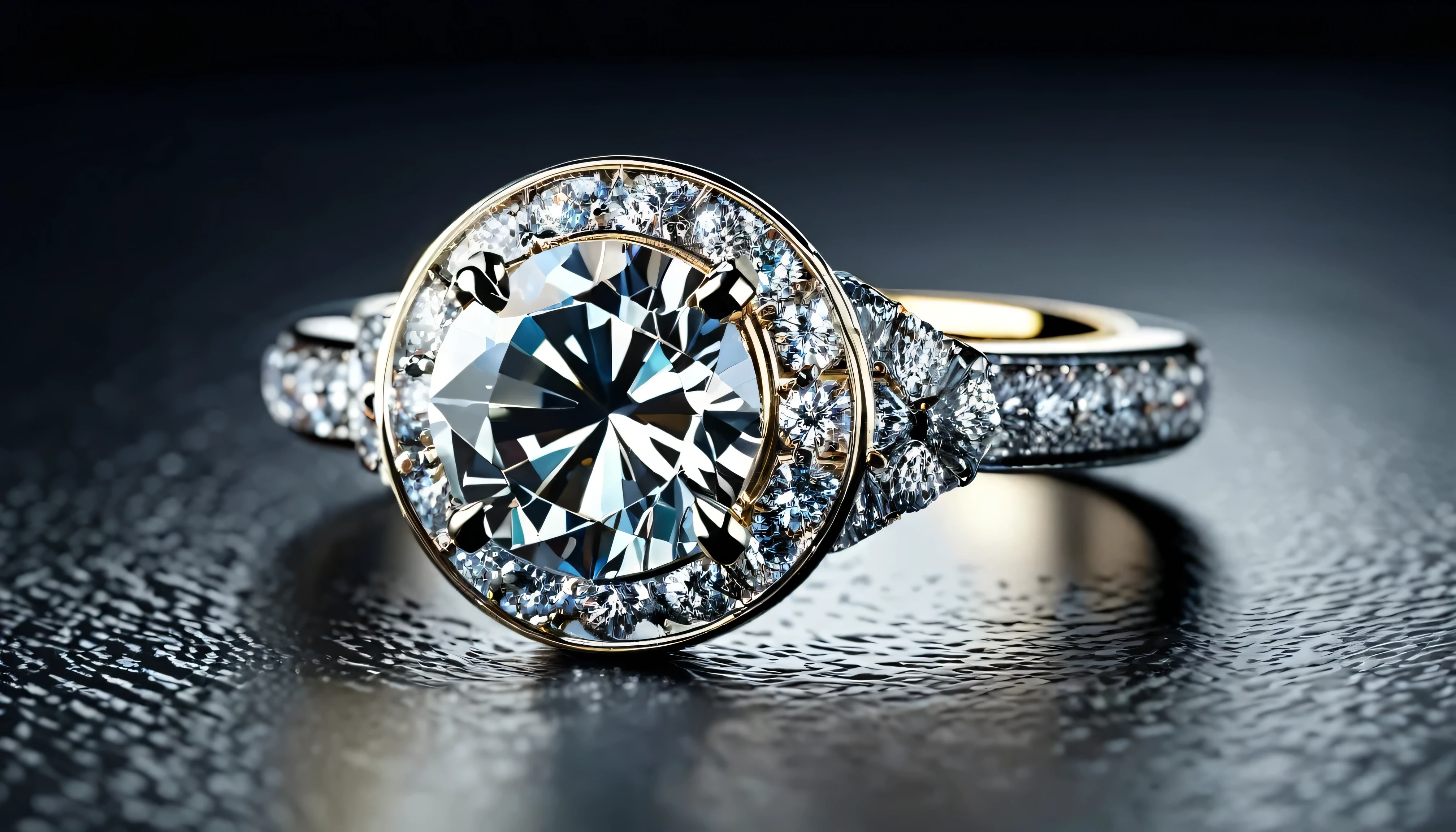 diamond ring on sophisticated flat surface, highly detailed, photorealistic, 8k, best quality, extremely detailed, studio lighting, cinematic lighting, seamless, clean, elegant, luxurious, reflective surface, intricate design, mesmerizing colors, hypnotic patterns, glass-like clarity, sharp focus, flawless composition, masterpiece