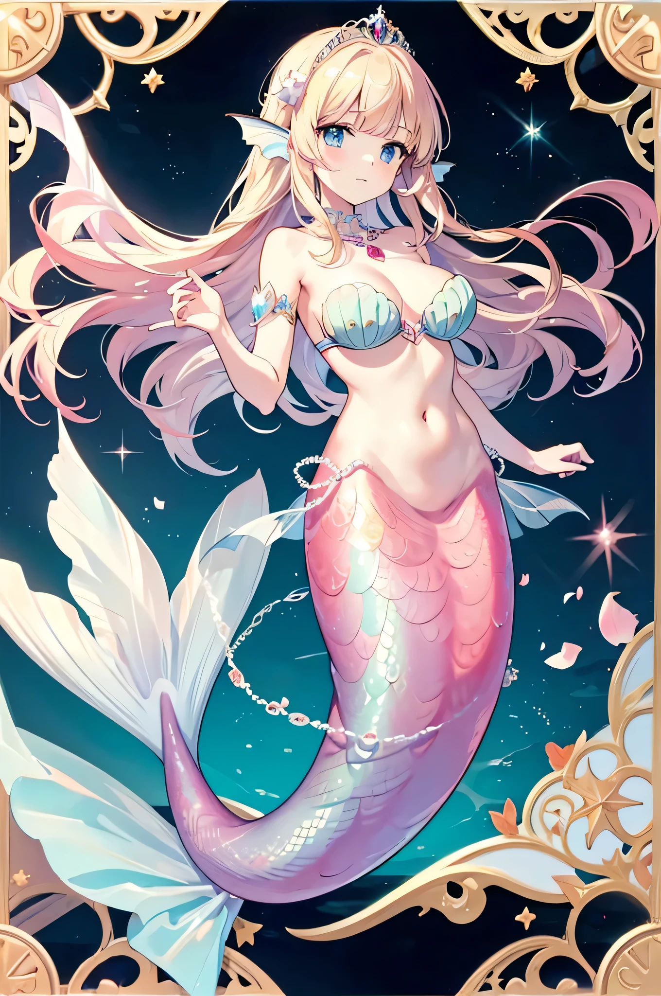 4k,High resolution,One Woman,mermaid,red scales,Blonde,long hair,Blue Eyes,gigantic breasts,The Little Mermaid,Seashell Bra.Princess Tiara,Jewelry decoration,Pearl decoration,In the sea,seabed