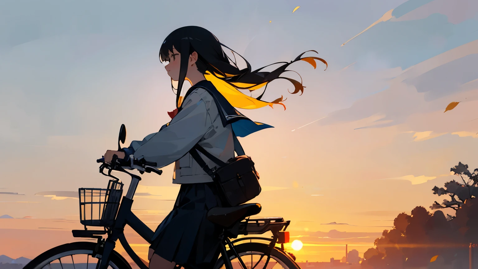 ((highest quality)), ((masterpiece)), (detailed), One girl, autumn,bicycle,After school,profile,Ear of rice,sunset,Winter sailor uniform
