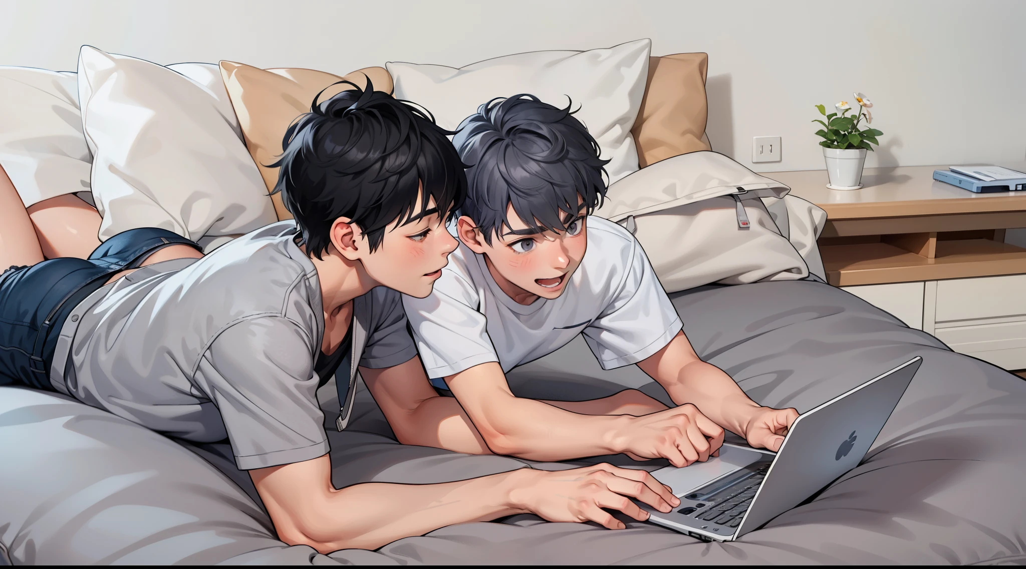 There are two boys with gray hair and gray eyes, they are happy playing, 18 years old.