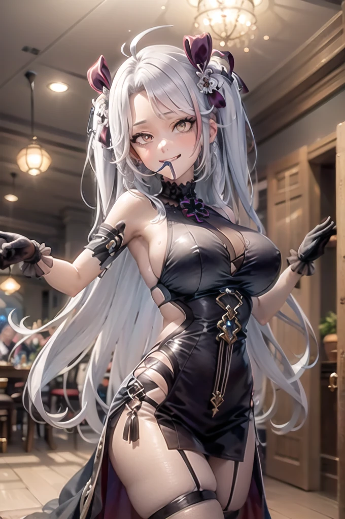 handiwork, best quality, highres, ddeugen, long hair, two sides up, antenna hair, hair bows, bare shoulders, bare breasts, black gloves, thigh straps, indoors, chandelier, standing, cowgirl shot, smiling , cumming in mouth, big tits, shy expression,