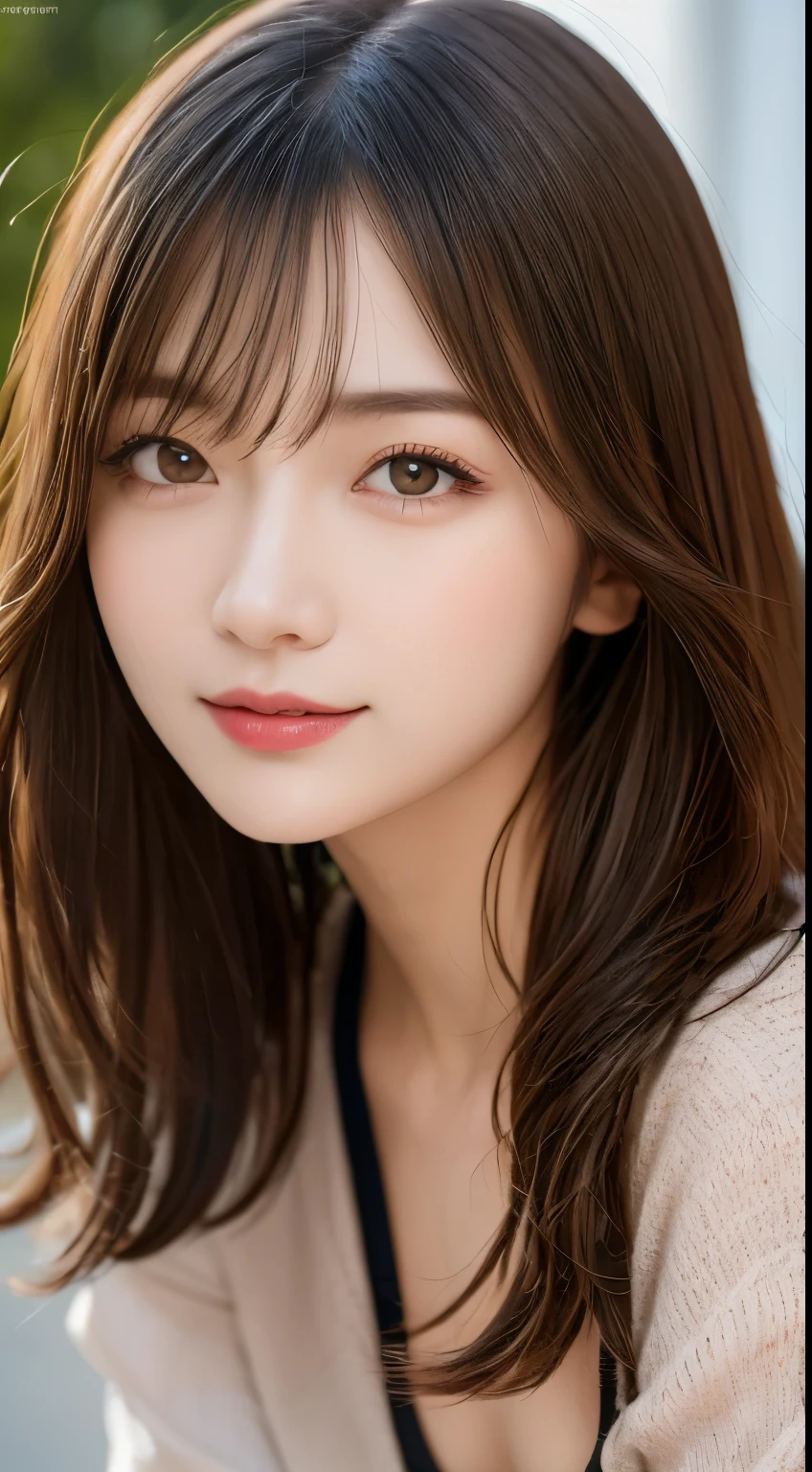 in detail, highest resolution, high quality、Complete dynamic configuration, beautiful detailed eyes, medium hair, 、Natural colored lips,Kamimay、Shibuya、20 year old girl、1 person、transparent skin、shiny hair、smile、table top, best quality, illustration, very detailed, in detail, highest resolution, 8K、correct state of the human body、Crouch down、sculpture model pose,Hair blowing in the wind
