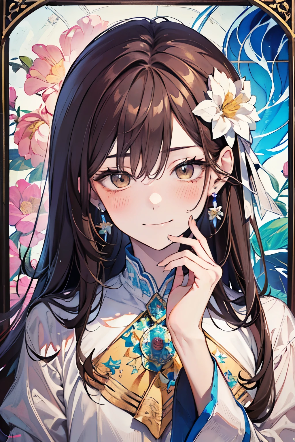 ((17years old man:1.3)), masterpiece, best quality,light brown hair, (half up and half down hair:1.1),(portrait),white dress,(pop and cute flower pattern background), (perfect hands),(,yellow,white),looking front,((Large and gorgeous earrings:1.1)),(Blushing and a shy smile:1.35),((upper body)),((Stained glass wall depicting goddesses and angels:1.2)),((Chapel:1.3)),(hand to own cheek:1.4)