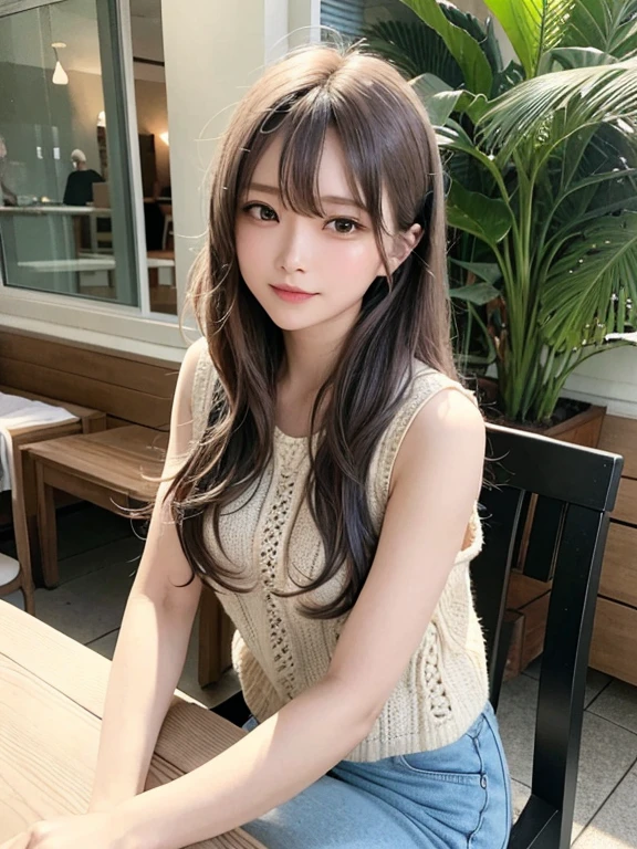 masterpiece, highest quality, High resolution,alone,Brown,artistic,Best lighting,Casual clothing,Flat Chest,Beautiful Face,expensive,smile,light makeup,Age 24,Calm woman,Detailed Hair,Laughing woman,Face Focus,Wavy Hair,Vibrant colors,Thin eyebrows,Woman in sleeveless,Low exposure,Woman sitting on chair,Pants Style,terrace,風になびくDetailed Hair