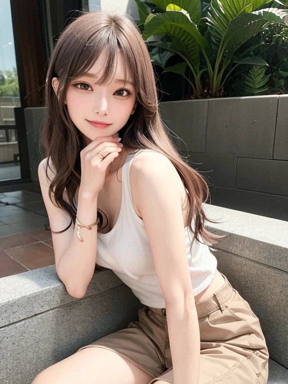 masterpiece, highest quality, High resolution,alone,Brown,artistic,Best lighting,Casual clothing,Flat Chest,Beautiful Face,expensive,smile,light makeup,Age 24,Calm woman,Detailed Hair,Laughing woman,Face Focus,Wavy Hair,Vibrant colors,Thin eyebrows,Woman in sleeveless,Low exposure,Woman sitting on chair,Pants Style,terrace,風になびくDetailed Hair