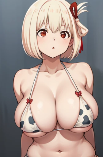 chisatonishikigi, nishikigi chisato, short hair, bangs, Blonde Hair, (Red eyes:1.5), hair ribbon, One side up, Bobcut,Huge breasts、Cow print bikini