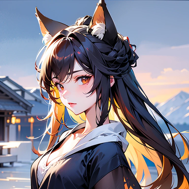 One Girl, Fox Girl, Fox's Tail, Nine-Tailed Fox,Fox Ears, Black colored hair, Fox Makeup,One Girl, Kimono with open chest, Body size is 100-70-90!, Nice body, Avatar, face, Open chest, lewd face, Dominant representation, naughty face, Big Breasts, Emphasize cleavage,Show bare skin, Skin is visible, With legs apart, Show off your thighs, M-shaped legs, A beautifully patterned kimono,Red and black flowing water pattern kimono, I can see her cleavage, Muscular, Uplifting, Abdominal muscles, Exposed skin, Long Hair, Skin Texture, Soft breasts, Large Breasts, Standing in a grassy field, outside, Blue sky,Composition facing directly ahead, Grab your breasts with both hands, Fingers digging into breasts, Developmental atmosphere, god秘的な絵, god々Cool atmosphere, Holding a Japanese sword
