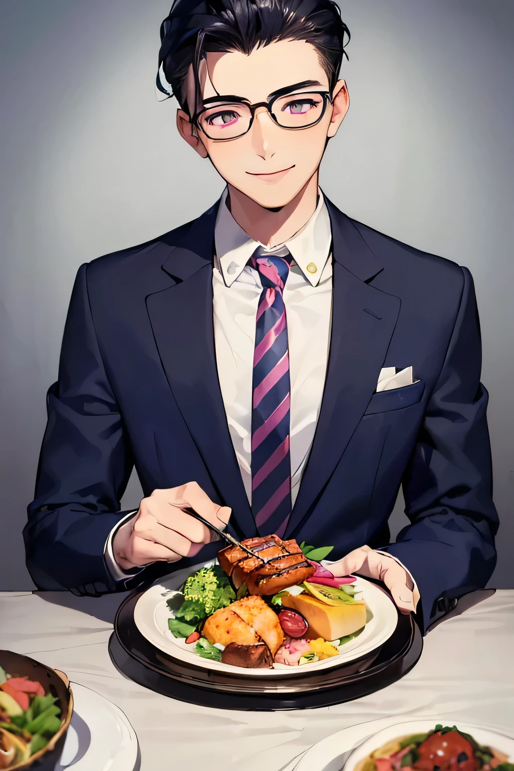 ((highest quality)), ((masterpiece)), ((detailed)), (((Perfect Face))),(((party))), (((An 18-year-old boy with glasses wearing a navy blue suit and a pink striped tie))), (((Left-handed black hair slicked back))), (((Nervous))), (((big, Big eyes,smile))), (((Course meal)))