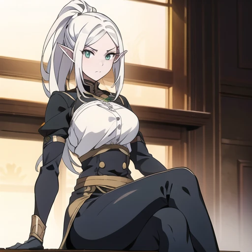 ((Obra maestra)), ((ultra calidad)), (alto detalle), (proporciones perfectas), (ojos perfectos), (boca perfecta), (manos perfectas), (ojos hermosos), cuerpo completo, looks at the camera, lingerie suit, 1chica, female, mature, sexy, (drow), white hair, (dark skin), (grey skin), ponytail, (pointy ears), green eyes, serious, cross-legged, anime screencap