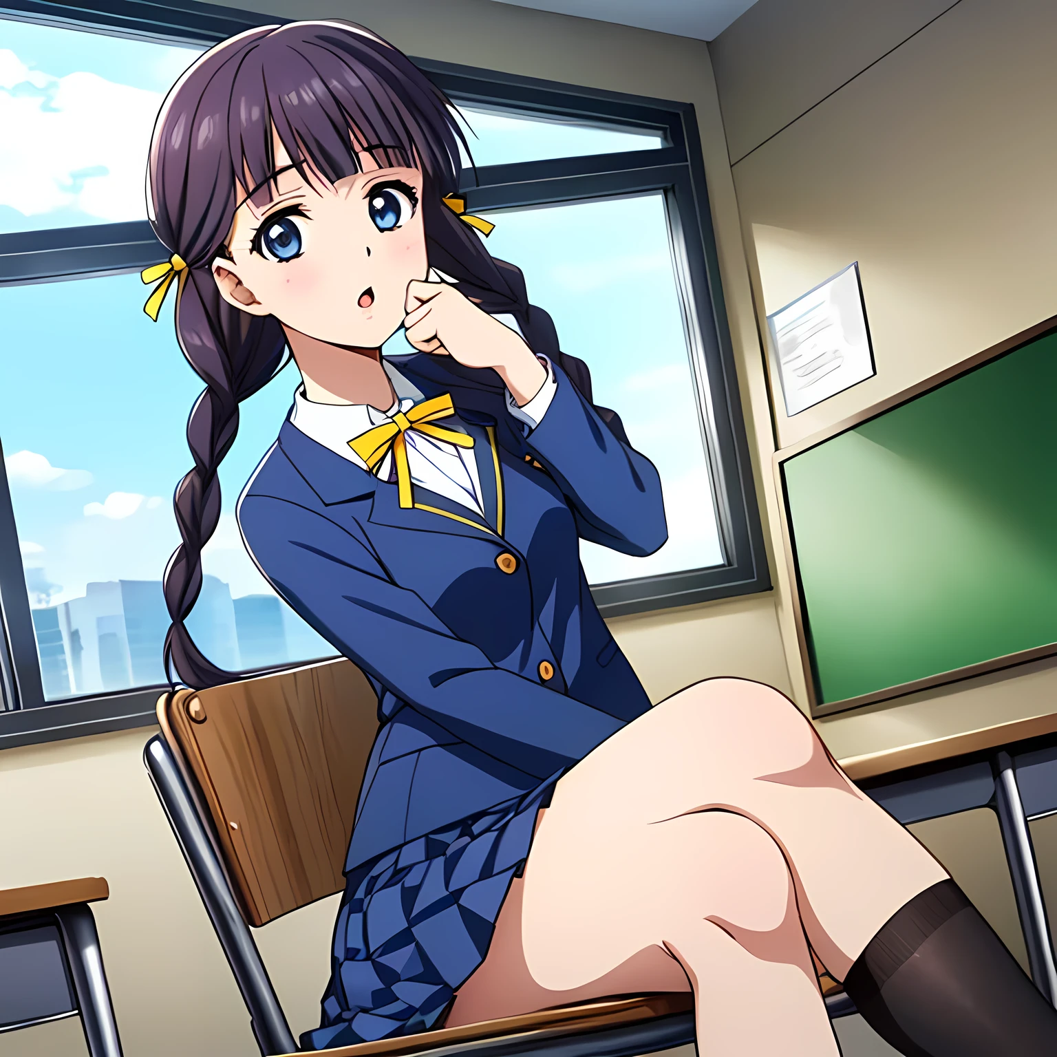 (highest quality, masterpiece:1.2), highest quality, High resolution, 1080p, 8K, Height: 158cm, High-definition anime-style CG, ((A very noble, pretty and neat beautiful girl of the game heroine is sitting on a chair in a school classroom.、Looking back and taking a photo of the surprised expression)), Trying to cover his mouth with his hand, A face that everyone loves, Glossy lips, Even bangs, Double, Long eyelashes on both the top and bottom, Blue Eyes, The very large red shiny wide ribbon bowtie is very cute., ((Black Hair)), ((long twin braids)), (((A long, neat, checkered pleated skirt with dark navy blue checks.))), (((Dark blue winter long sleeve blazer))), How to wear a neat uniform, Extremely lustrous, shiny game heroine lips, Mouth open, Ribbon in hair, Tight waist, The ribbon is big and very pretty.
