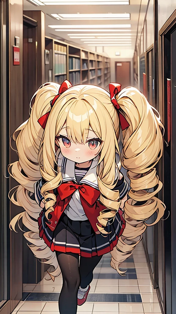 1shota,long wide curl twin-drill hair,blonde Great volume hair,red ribbon,tights,Running down school hallway,Girlish way of running,