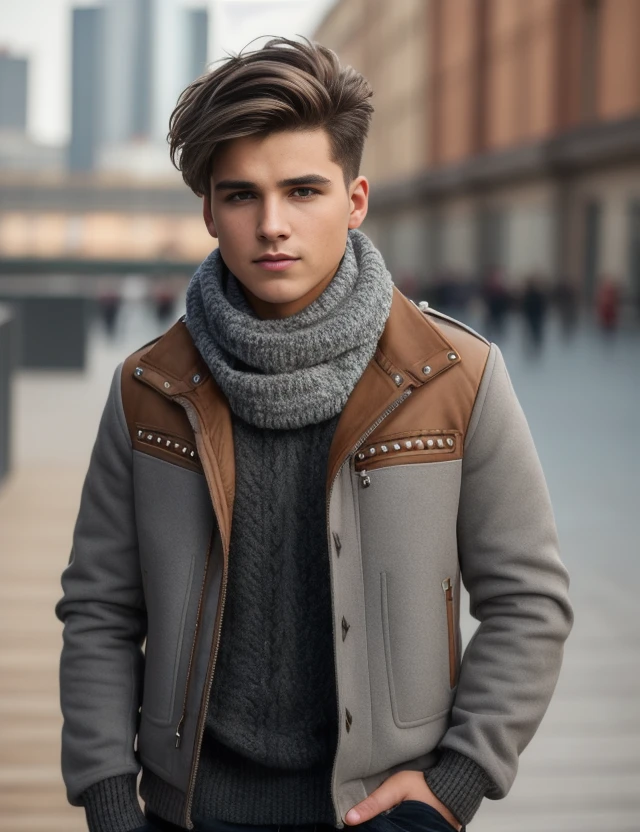 best quality, ultra photorealistic, photorealism, 8k, photograph, photo of a young man, jacket, ear studs, gray scarf, sweater, short windswept light brown hair, fit, beautiful, (effeminate), (shaved), eyeliner, standing on the walkway, background is a cro...