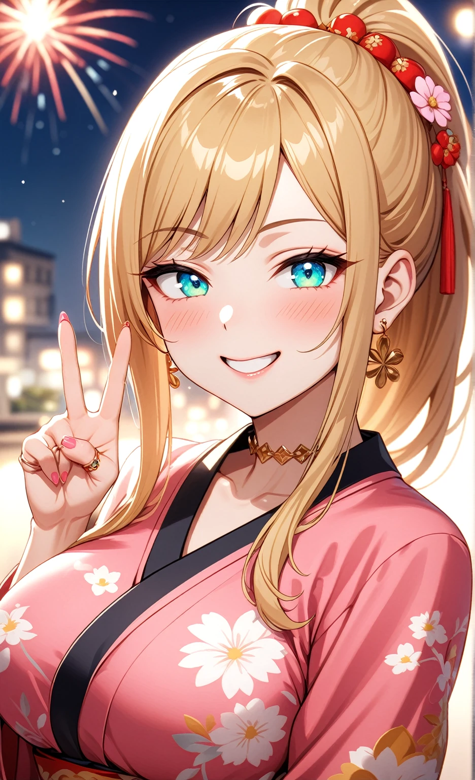 ((one personの女性)), Beautiful Face,(a woman making a peace sign. She is forming a peace sign with both hands and smiling at the camera), Laughing embarrassedly,((Wink:2.0)),Laughing with your mouth open,((Red cheeks:1.3)),Lighting on the face,Glossy pink lips,night,rooftop,Festive decorations,You can see the ocean, firework,((Anime style background)),masterpiece, highest quality, so beautiful, Latest, Complex details, (Pink long nails),(ring),(flower bracelet),Floral choker,AI-generated, Complex,High resolution, highest quality, super high quality,3D Images、View your viewers、3D Images,one person,Long Blonde Hair,High Ponytail,Turquoise Eyes,Anime woman posing for a photo, (Fine grain,Colorful eyes,Shining Eyes:1.4),(Squint your eyes:1.1),a hyperRealistic , hyperRealistic , Realistic,Blonde anime woman with long hair, Smooth anime CG art, A woman in a colorful kimono with gold embroidery, (Pink kimono),Red floral pattern,Long flower hair ornament,Large floral earrings,(ring),(Big Breasts:1.1),Mature Body,Tall,Big Ass,Fine details,Tight waist,Abdominal muscles,(Face close up:1.4),(Tilt your face), Shooting from an angle,