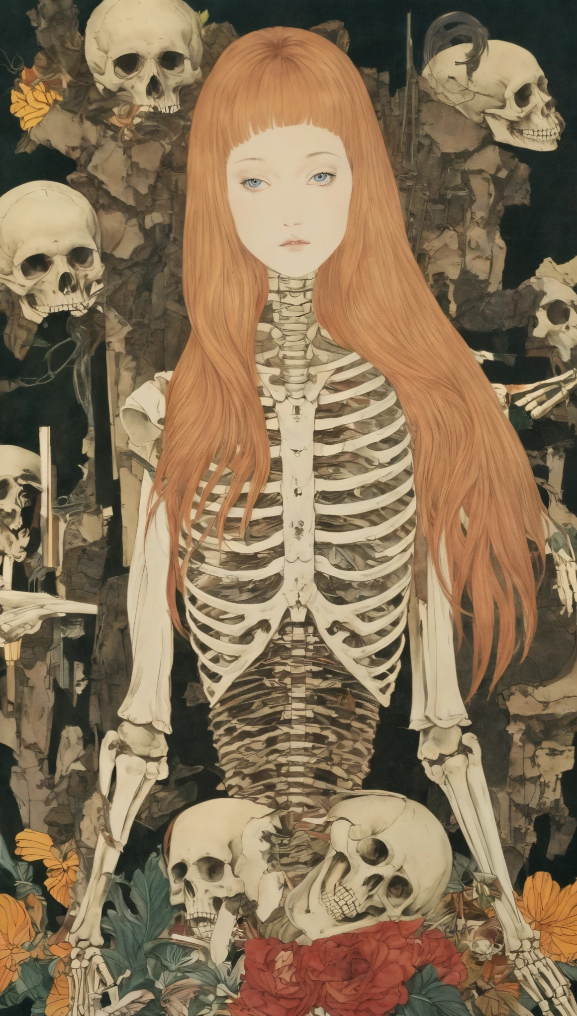 (masterpiece, best quality:1.2), sbgy，1girl，solo，Axisymmetric composition，Gorgeous Clothing，Skull，organ，skeleton，mystery，fear