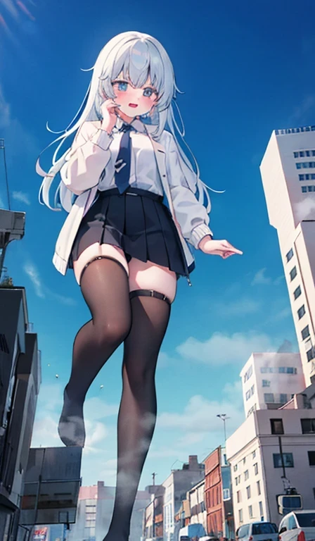 1 girl, , Telegraph slang, much bigger than the building, no shoes, {black stockings}, white shirt and white jacket, blue tie, silver hair, golden eyes, blushing cheeks, embarrassed expression, destroyed city, gtscity, giant, bright eyes, laugh, mischievous face, 16000, high quality, high details, anatomically correct, textured skin, Steam comes out of your feet, trampling crowd, crowd running away