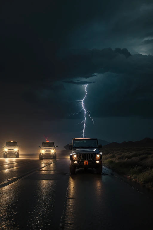 The darkness of the night was total, except for the intermittent flashes of lightning and the continuous beams of the Jeep's headlights that cut through the darkness. A pista de asfalto, brilhante debaixo da chuva incessante, reflected the light from the headlights, creating an almost ethereal path ahead. The rhythmic sound of raindrops hitting the windshield formed a constant soundtrack to the lonely drive..
O motorista, focado e determinado, keep your hands firmly on the steering wheel, os olhos atentos ao caminho. A estrada deserta parecia se estender infinitamente, every curve and straight line shrouded in a veil of mystery due to darkness and rain. Lightning occasionally lit up the sky, briefly revealing the distant horizon before plunging you back into darkness.
Despite the strength of the storm, the Jeep moved forward with unwavering determination. The wind slightly shook the vehicle, but it wasn't enough to divert its course. Every puddle of water on the track was a small victory, the sound of tires cutting through the water a constant reaffirmation of the journey.