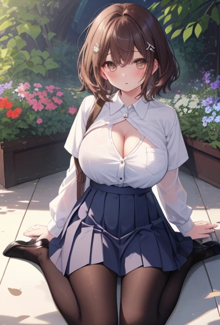 One Girl、Positive、From above、Full body portrait、Brown haired、Medium Haircut、blush、Absolute area、Knee socks、stockings、pantyhose、lace pantyhose、White underwear、Cleavage、Light blue cut shirt、Unbutton your shirt、Shirt buttons fly off、Navy blue checkered pleated skirt、Very short skirt、garden、Daytime、(Very big boobs)、((Full Body Lesbian))、masterpiece、(highest quality)、Panties around the ankles、loafers、The wind blows up my skirt