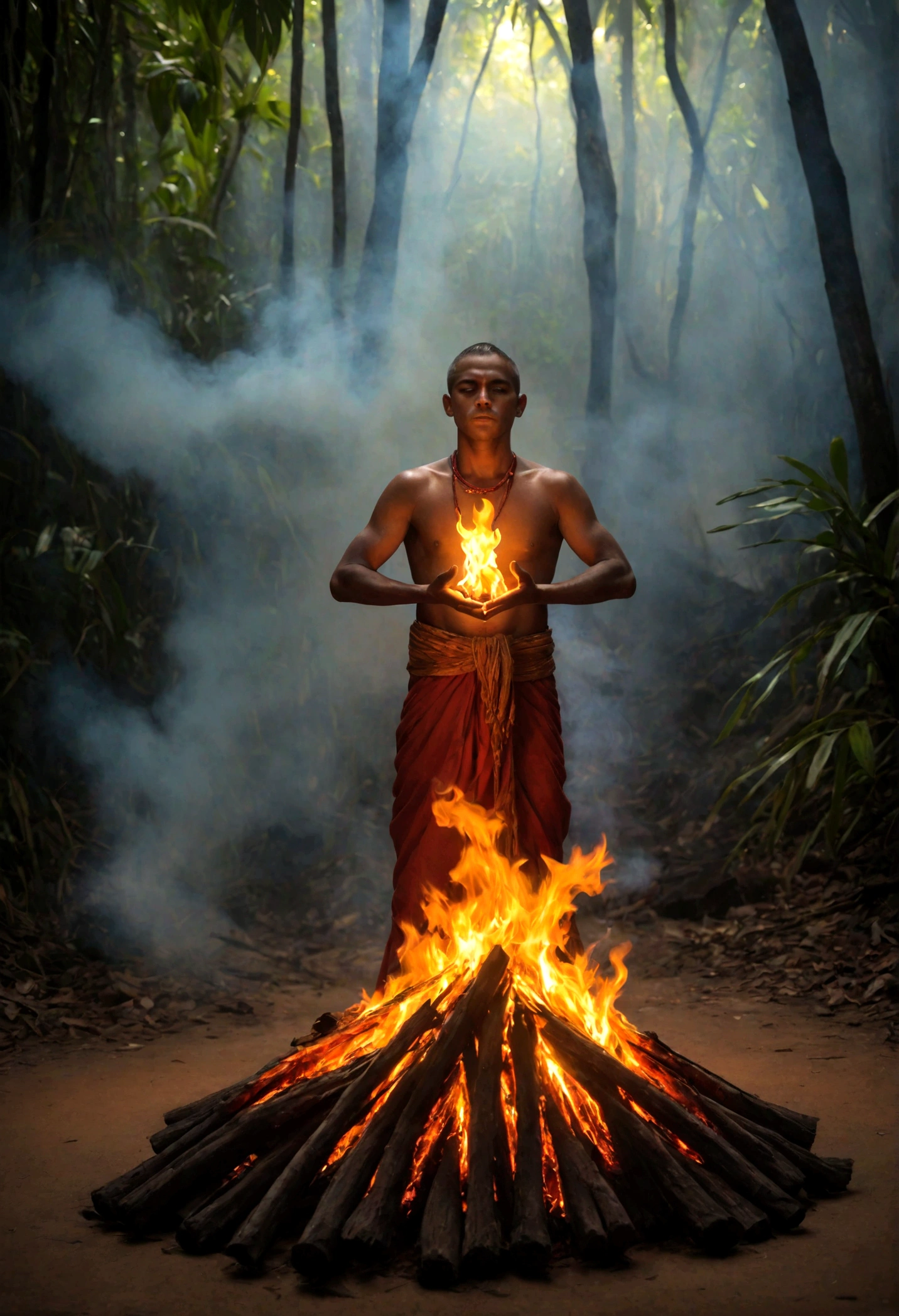 Generate an image of a person standing with open palms, de onde saem chamas de fogo. The flames must be intense and vivid, iluminando a pessoa e o ambiente ao redor. The Environment is a forest clearing at the foot of a mountain, em, frente a uma grande templo. The person must have a determined and powerful facial expression.