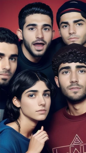 a group of Young  judaean men gathered in sweatshirts, focusing on their faces.